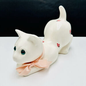 Vintage Elpa Alcobaça Portugal Ceramic Cat Figurine Blue Eyes Floral 10” See